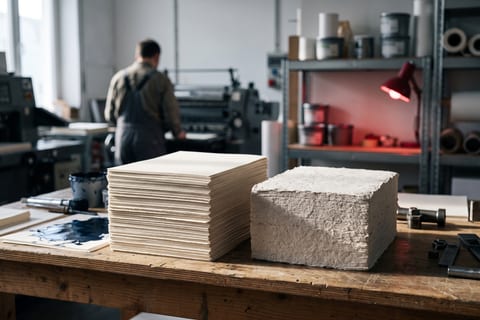 Two paper stacks on a workbench, thin sheets and one block