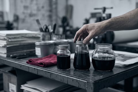 Three glass jars holding equal amounts of dark ink