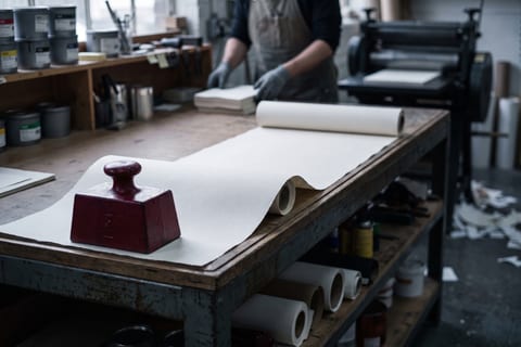 A roll of paper unrolled across a workbench